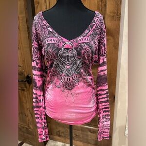 Affliction Pink and Black Graphic Blouse
